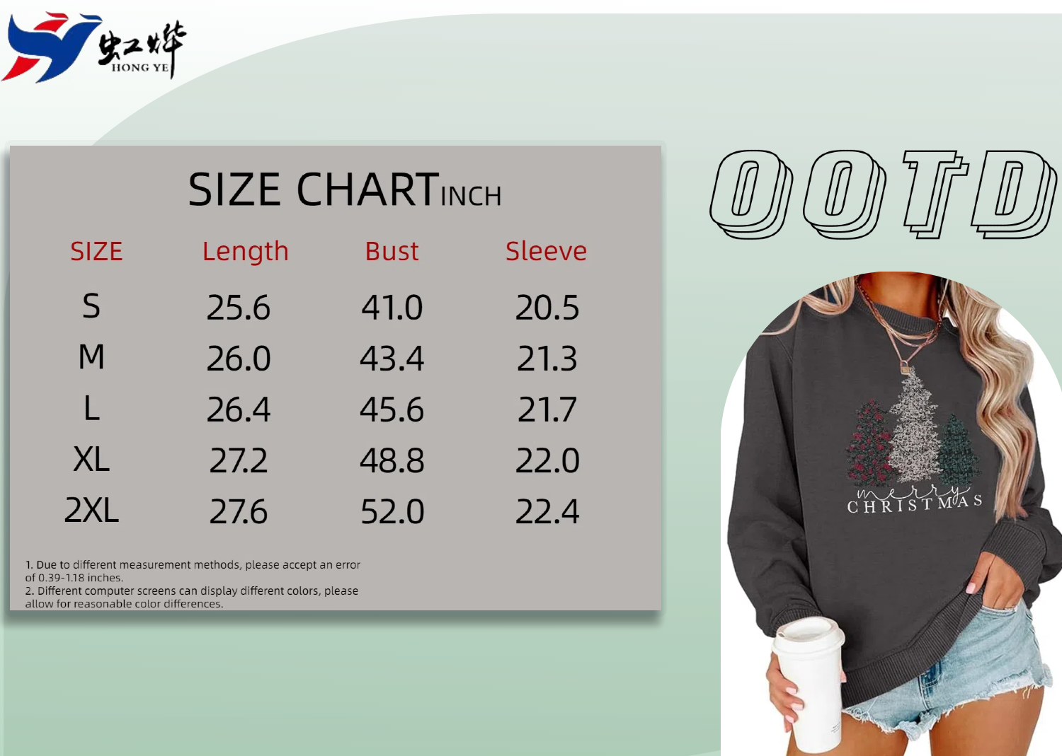 size chart of Christmas Tree Pattern women's pullover